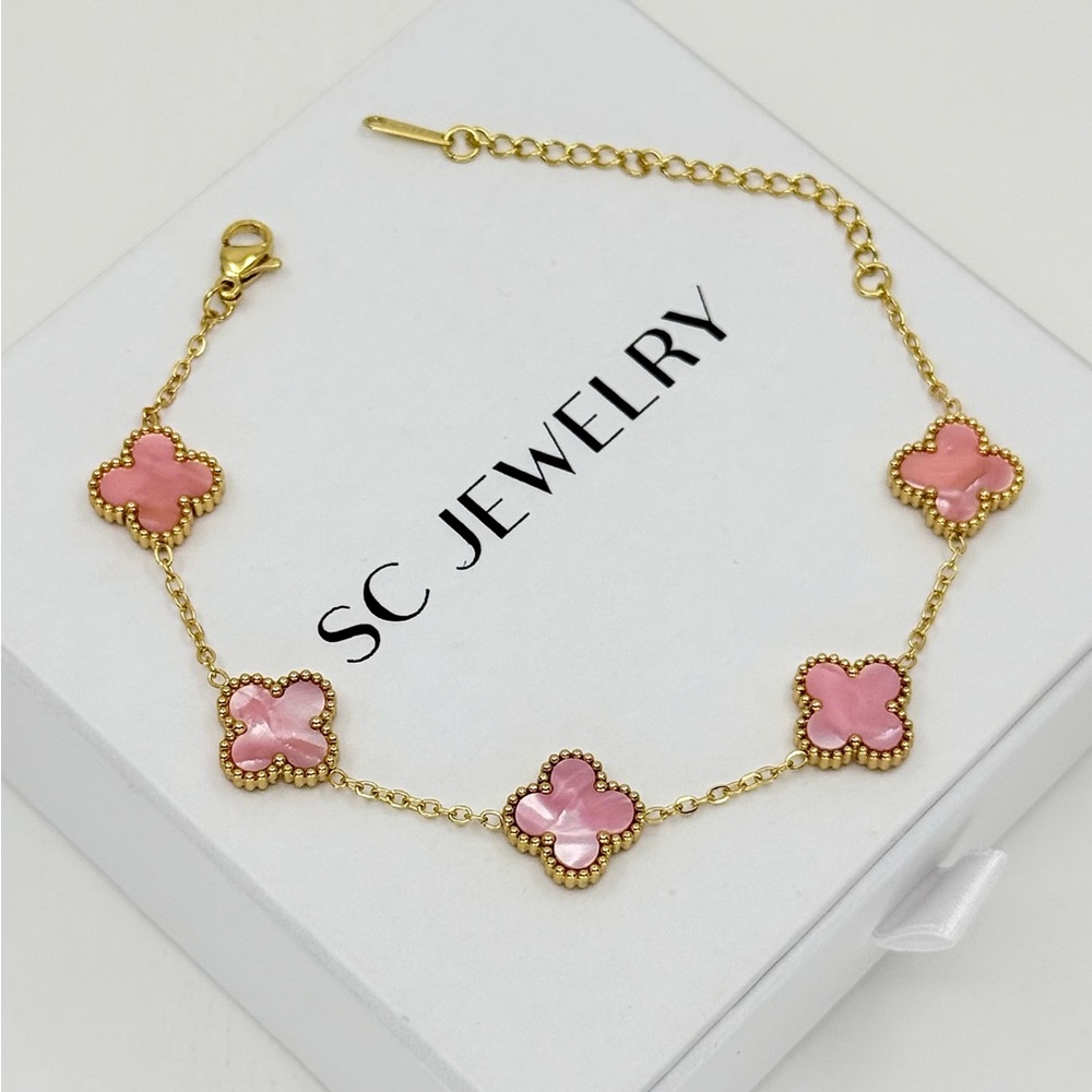 Pink Mother of Pearl & Gold Clover Bracelet | Stainless Steel Double Sided